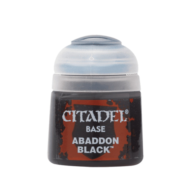 Citadel Base: Abaddon Black (12ml) – high-quality acrylic base paint for Warhammer miniatures, ideal for deep shadows and undercoating; available at Game Roost.