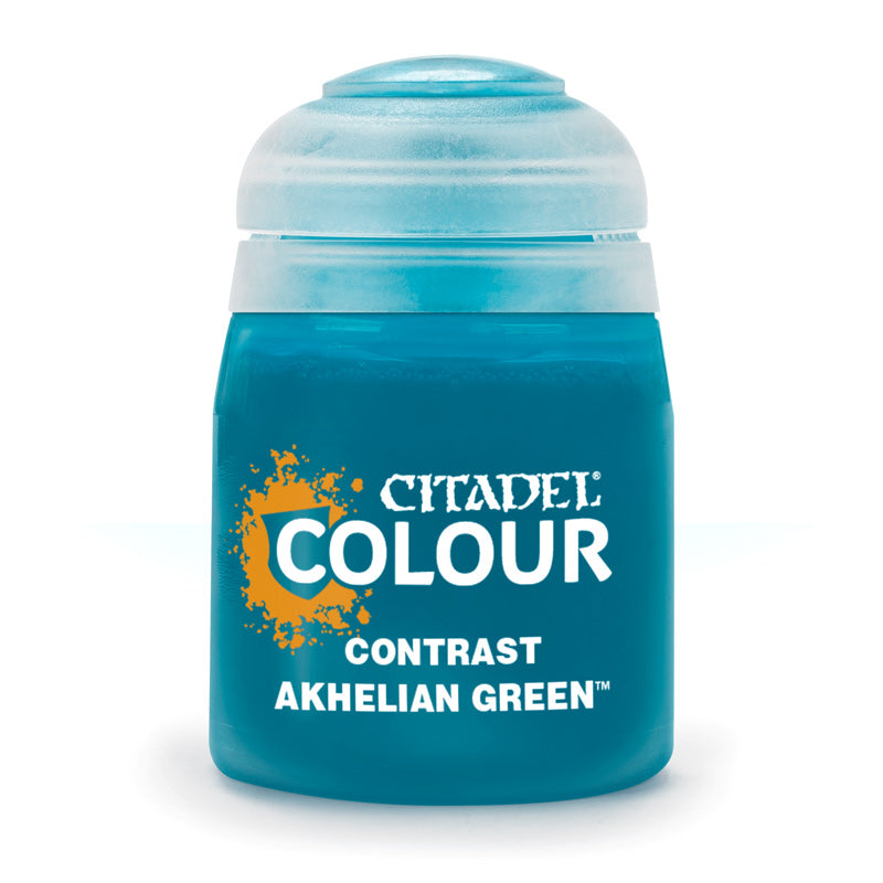 An 18ml pot of Citadel Contrast Akhelian Green, a vibrant teal-green paint designed to shade and highlight in a single coat. Packaged in a clear plastic container with a flip-top lid and Citadel Colour branding. Available at Game Roost.