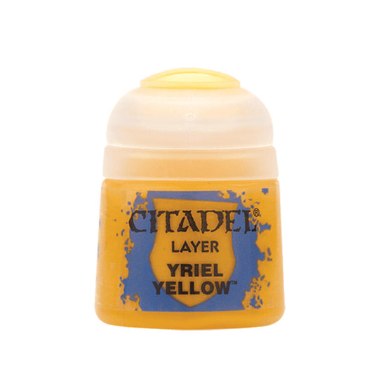 A 12ml pot of Citadel Layer Yriel Yellow paint, showcasing a bright, vibrant yellow color. The clear plastic container features a flip-top lid and Citadel Colour branding on the label.
