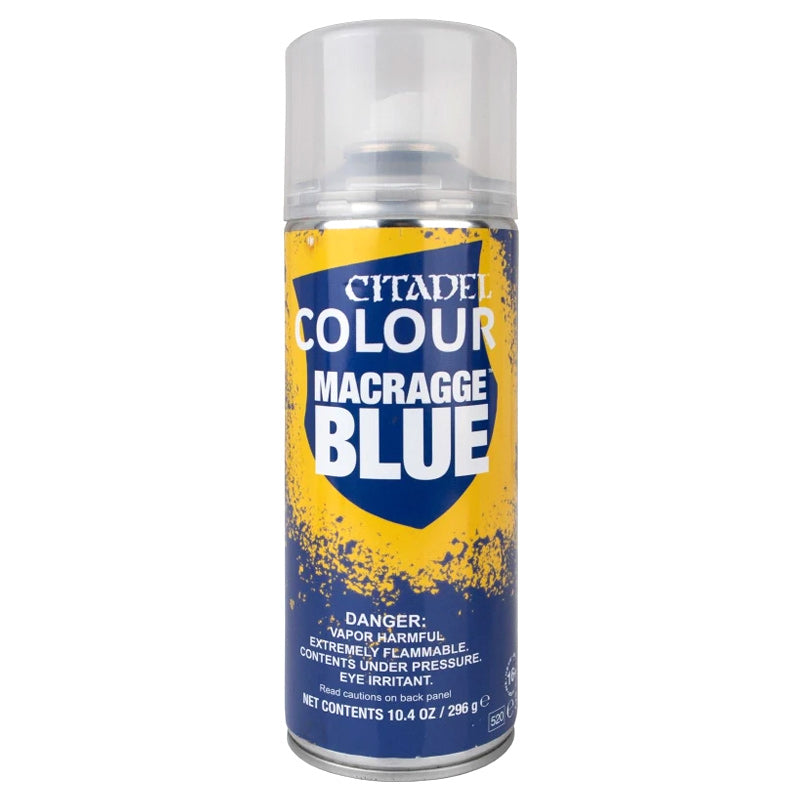 Citadel Spray Paint – Macragge Blue (400ml) can, basecoat spray for Warhammer miniatures in rich Ultramarine blue.