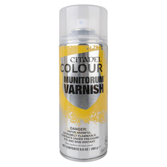 Citadel Spray Paint – Munitorum Varnish (400ml) clear matte sealant for miniatures, perfect for protecting Warhammer paint jobs.