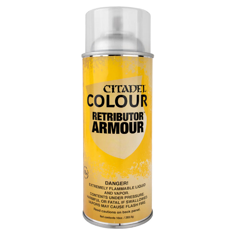 Citadel Spray Paint – Retributor Armour (400ml) can, metallic gold basecoat spray for Warhammer miniatures.