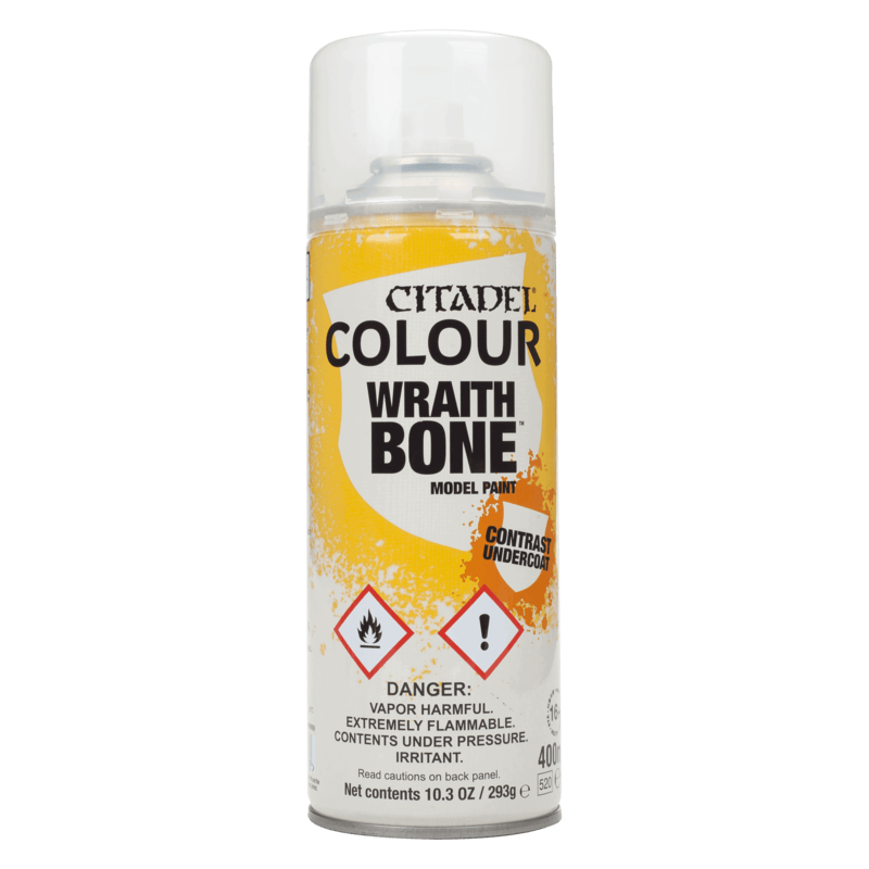 Citadel Spray Paint – Wraithbone (400ml) can for Warhammer miniatures, ideal for priming with a smooth bone-coloured basecoat.