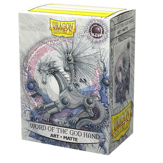 Dragon Shield Art Matte Sleeves - Word of the God Hand, featuring detailed artwork and a durable matte finish for optimal card protection and smooth shuffling.