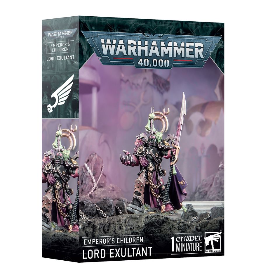Emperor’s Children: Lord Exultant Warhammer 40,000 miniature – ornate Chaos Space Marine leader in Slaanesh armor, available at Game Roost