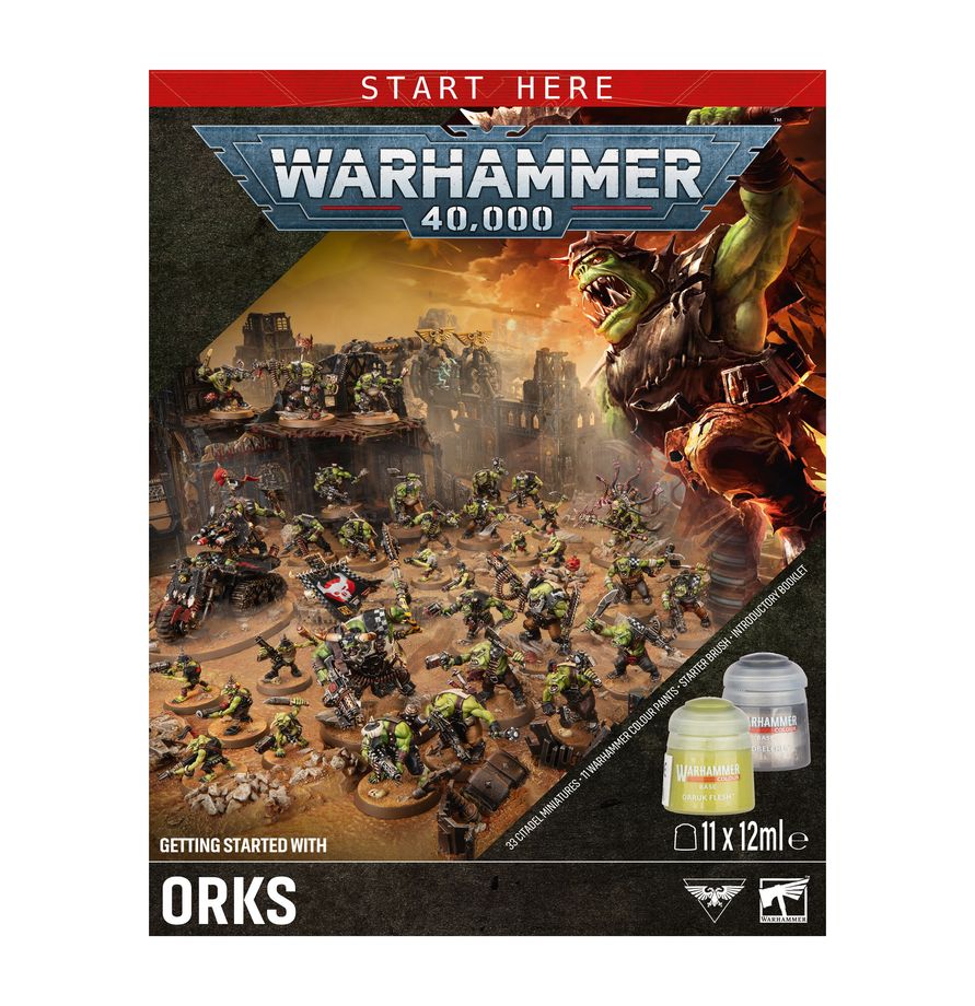 Getting Started with Orks (11th Edition) – Warhammer 40,000 introductory set featuring an Ork miniature and beginner hobby guide. Available at Game Roost NZ.