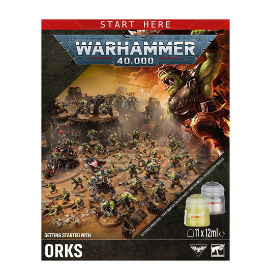 Getting Started with Orks (11th Edition) – Warhammer 40,000 introductory set featuring an Ork miniature and beginner hobby guide. Available at Game Roost NZ.