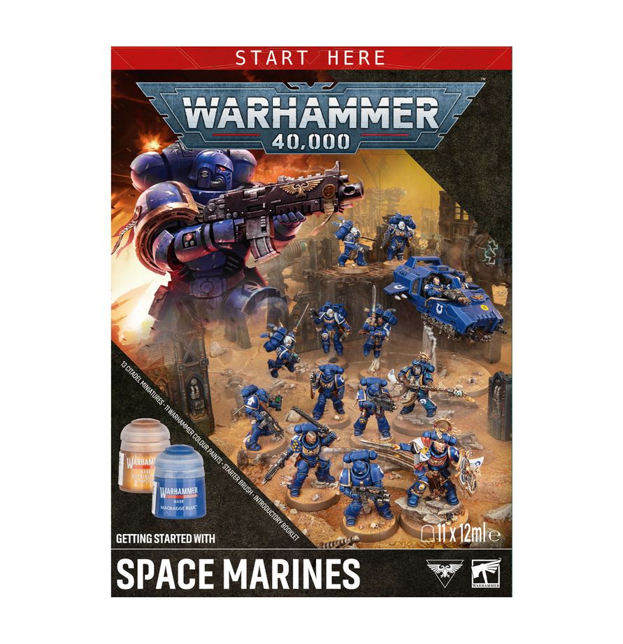 Getting Started with Space Marines (11th Edition) – Warhammer 40,000 introductory set featuring a Space Marine miniature, paints, and beginner hobby guide. Available at Game Roost NZ.