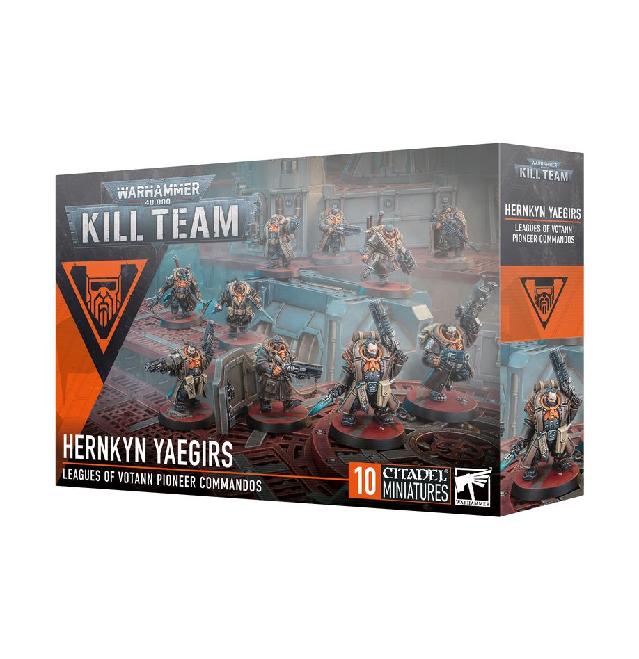 Kill Team: Hernkyn Yaegirs – Warhammer 40,000 box set, featuring Leagues of Votann Hernkyn Yaegirs scouts in advanced armour with high-tech rifles, official product image available at Game Roost NZ.