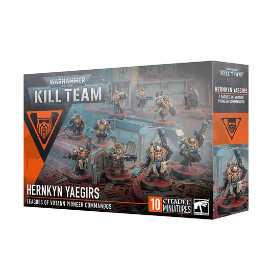 Kill Team: Hernkyn Yaegirs – Warhammer 40,000 box set, featuring Leagues of Votann Hernkyn Yaegirs scouts in advanced armour with high-tech rifles, official product image available at Game Roost NZ.