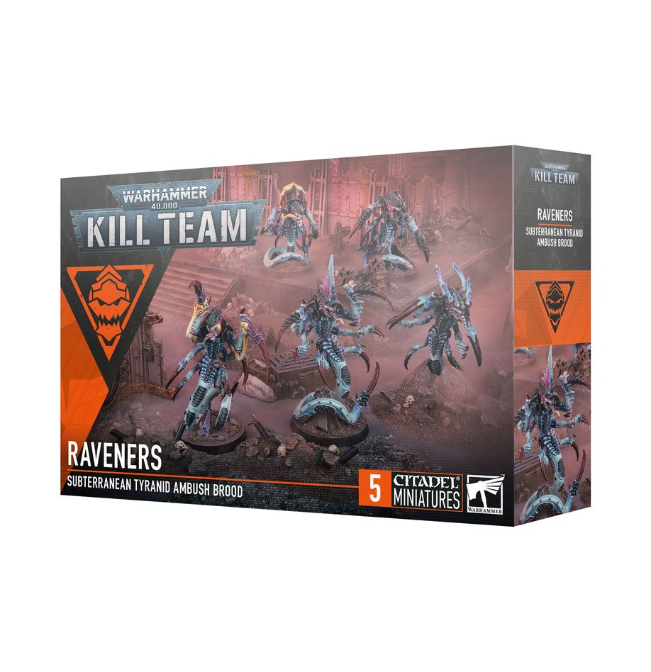 Kill Team: Raveners – Warhammer 40,000 box set, featuring Tyranid Raveners bursting from the ground with claws and bio-weapons, official product image available at Game Roost NZ.