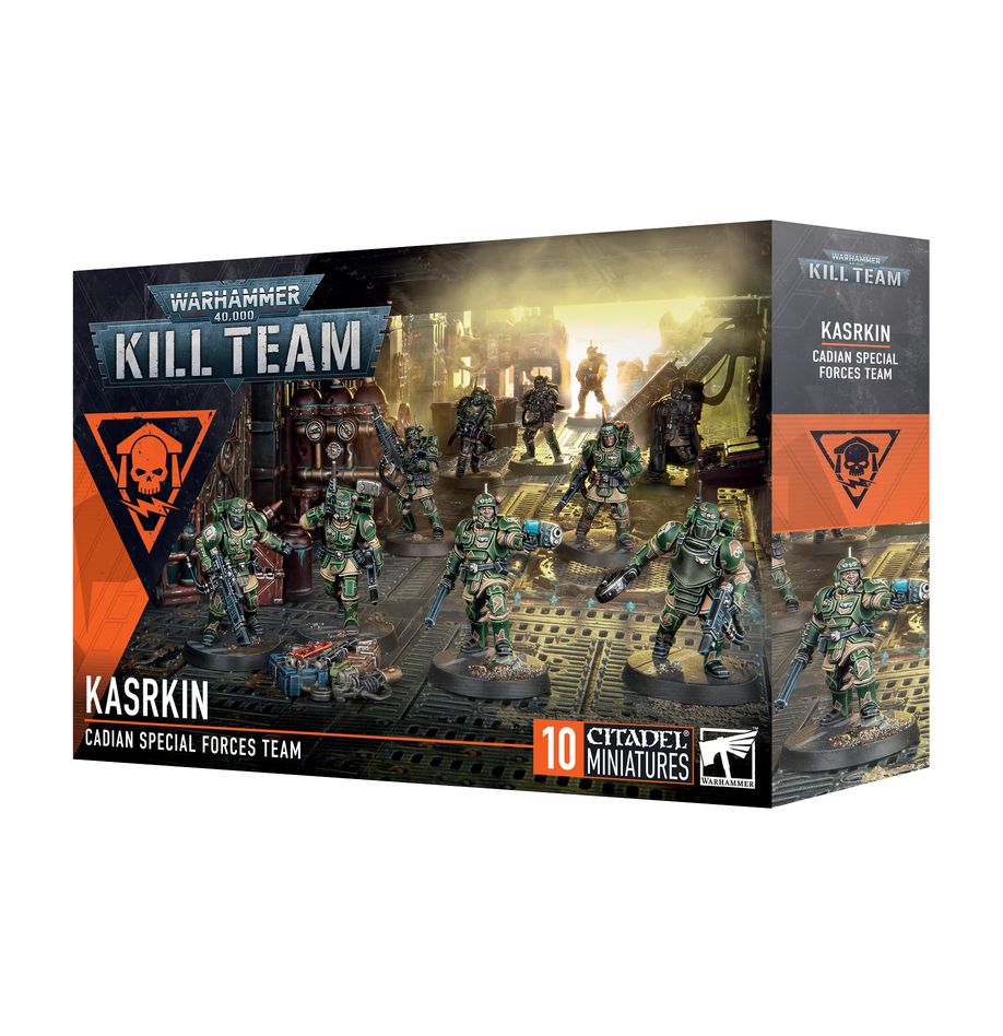 Kill Team: Kasrkin – Warhammer 40,000 box set, featuring elite Astra Militarum Kasrkin soldiers in detailed flak armour with hot-shot lasguns, official product image available at Game Roost NZ.