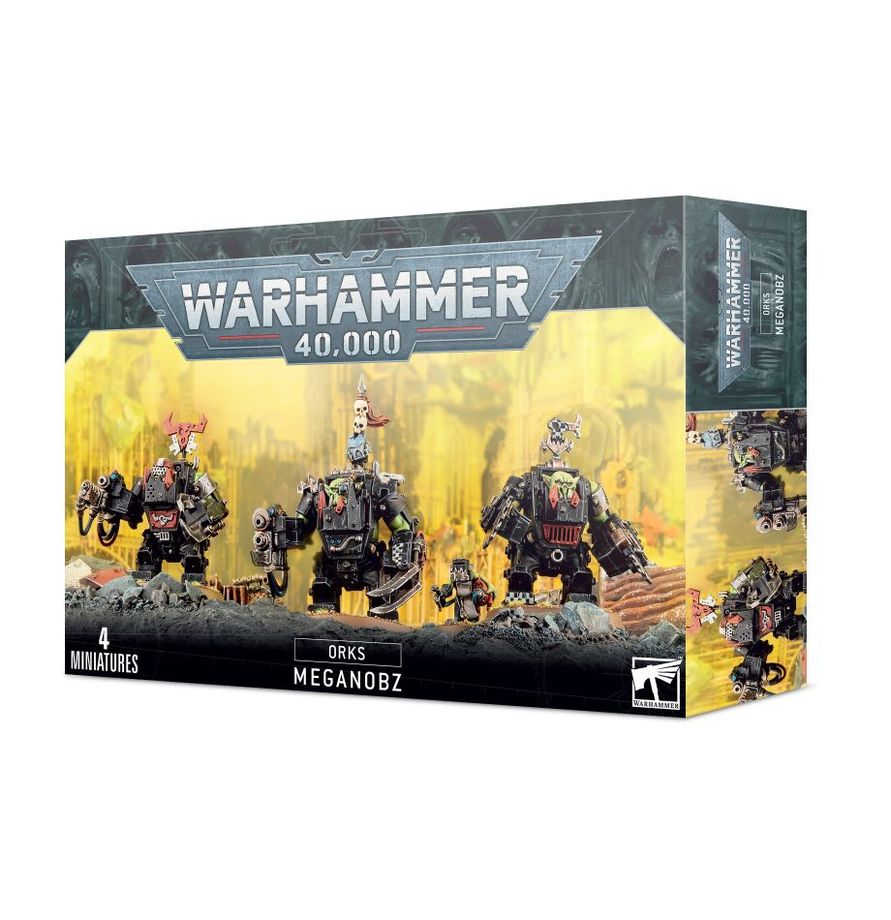 Orks Meganobz Warhammer 40,000 miniatures at Game Roost NZ, showcasing heavily armoured Ork warriors in mega armour equipped with power klaws on a battlefield display.
