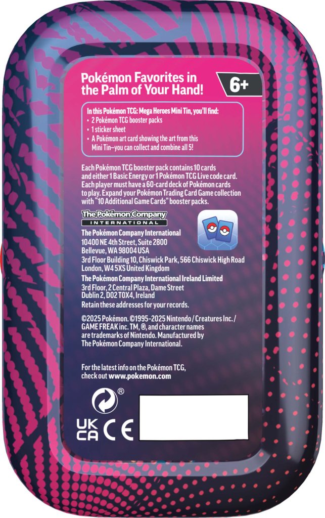 Pokémon TCG Mega Heroes Mini Tin – Game Roost NZ collectible tin with 2 booster packs and exclusive Mega Evolution art card