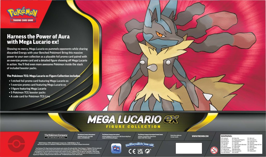 Pokémon TCG Mega Lucario EX Figure Collection box with promo card, Lucario figure, and booster packs – available at Game Roost NZ.