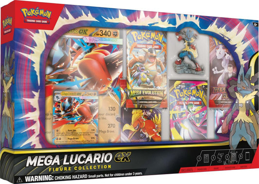 Pokémon TCG Mega Lucario EX Figure Collection box with promo card, Lucario figure, and booster packs – available at Game Roost NZ.