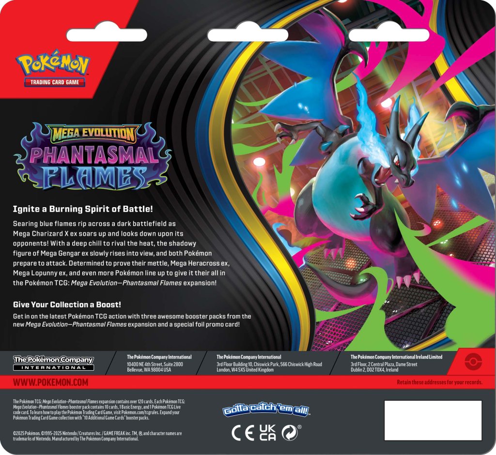 Pokémon TCG: Mega Evolution – Phantasmal Flames Three Booster Blister available at Game Roost NZ