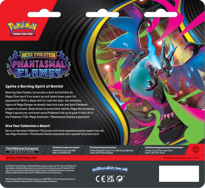 Pokémon TCG: Mega Evolution – Phantasmal Flames Three Booster Blister available at Game Roost NZ