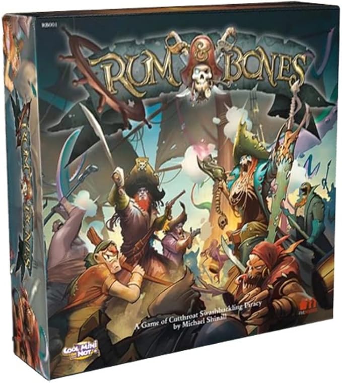 Rum & Bones board game box and pirate miniatures available at Game Roost NZ – features naval combat, crews, and detailed components.