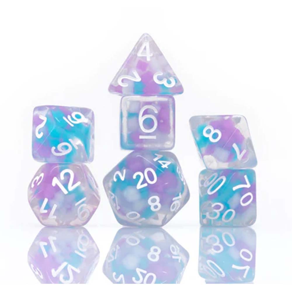 Sirius Cotton Candy Glowworm polyhedral dice set – pastel swirl dice with glow-in-the-dark beads in clear resin, 8-piece RPG dice set in tube.