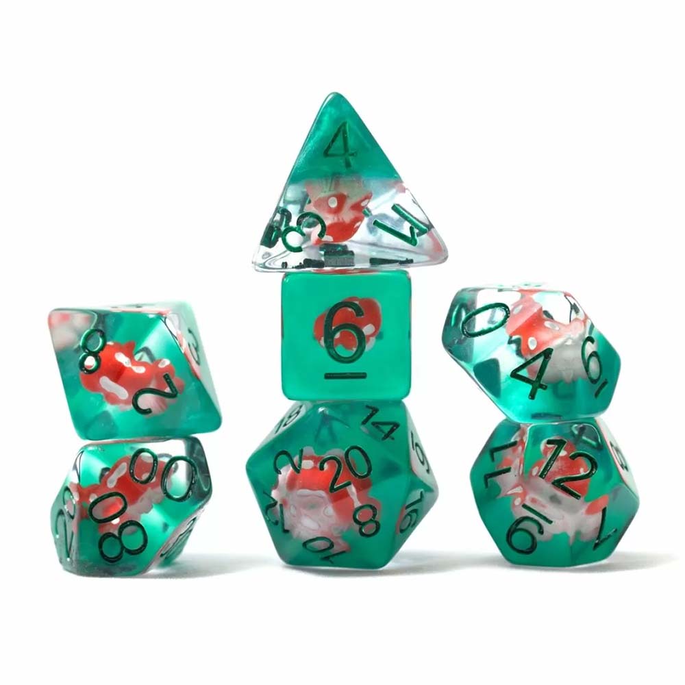 Sirius Power Mushroom polyhedral dice set – 7-piece RPG dice in a tube, each with a tiny mushroom inside.