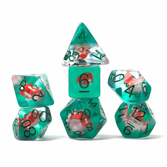 Sirius Power Mushroom polyhedral dice set – 7-piece RPG dice in a tube, each with a tiny mushroom inside.