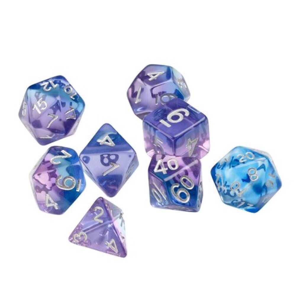 Sirius Violet Betta polyhedral dice set – 8-piece RPG dice in violet-blue translucent resin with silver numbering, in clear tube.