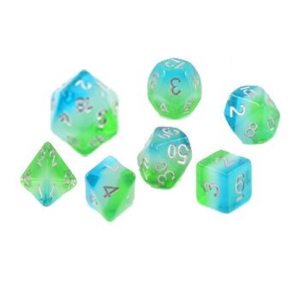 Sirius Blue Hawaiian polyhedral dice set – 8-piece RPG dice in ocean-blue resin with glitter, in clear tube.