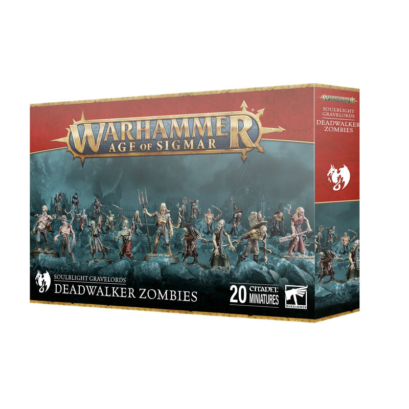 Boxed set of Warhammer Soulblight Gravelords Deadwalker Zombies miniatures, featuring shambling undead figures perfect for Age of Sigmar armies.