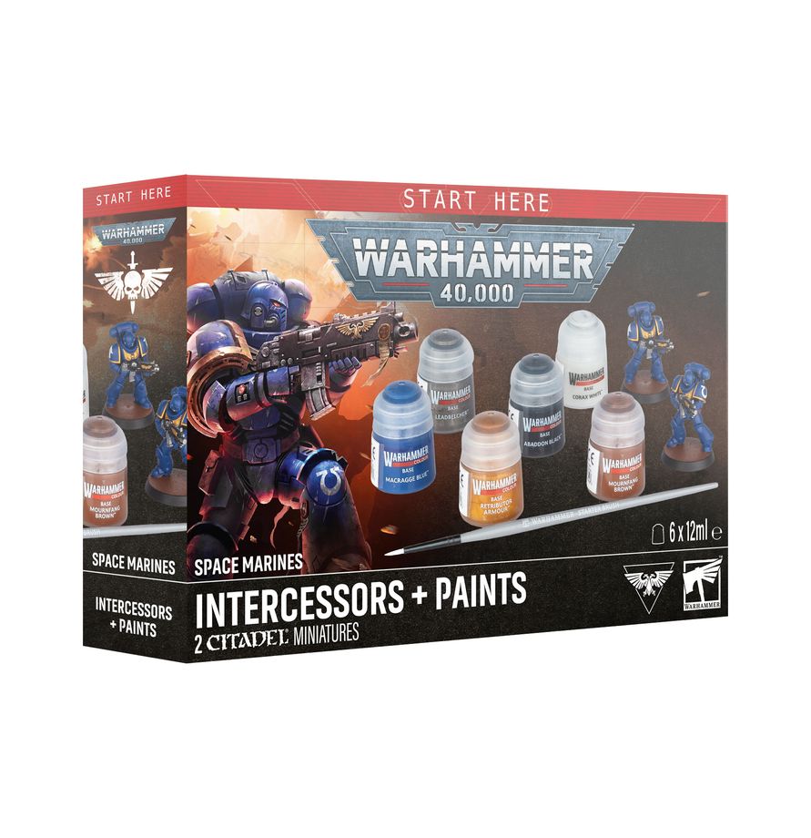 Space Marines Intercessors + Paints Set – Warhammer 40,000 starter set with Space Marine Intercessors, Citadel paints, and a starter brush. Available at Game Roost NZ.