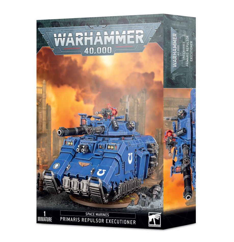 A detailed Primaris Repulsor Executioner tank model from Warhammer 40,000 Space Marines. Features heavy armor, advanced weaponry, and repulsor engines for fast deployment. Perfect for tabletop battles. Available at Game Roost.