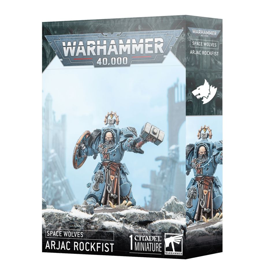 Space Wolves Arjac Rockfist miniature – Warhammer 40K hero in Terminator armour with Foehammer and storm shield.