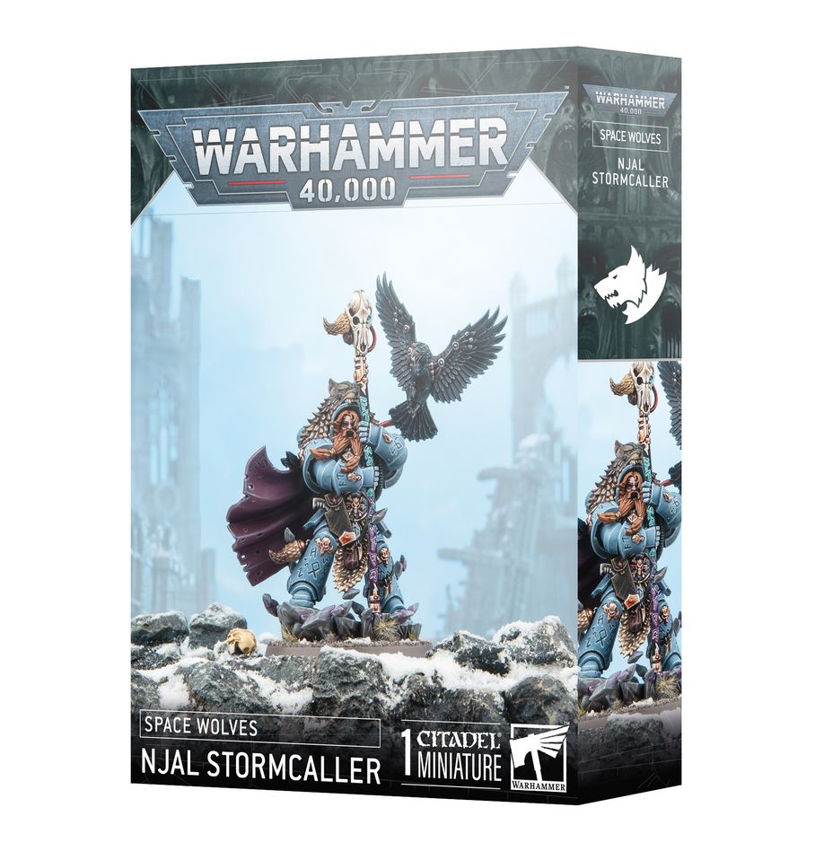 Space Wolves Njal Stormcaller miniature – Warhammer 40K Rune Priest with runic staff and psyber-familiar Nightwing.