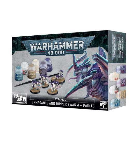 Tyranids Termagants and Ripper Swarm + Paints Set – Warhammer 40,000 starter painting kit featuring miniatures, paints, and brush. Available at Game Roost NZ.