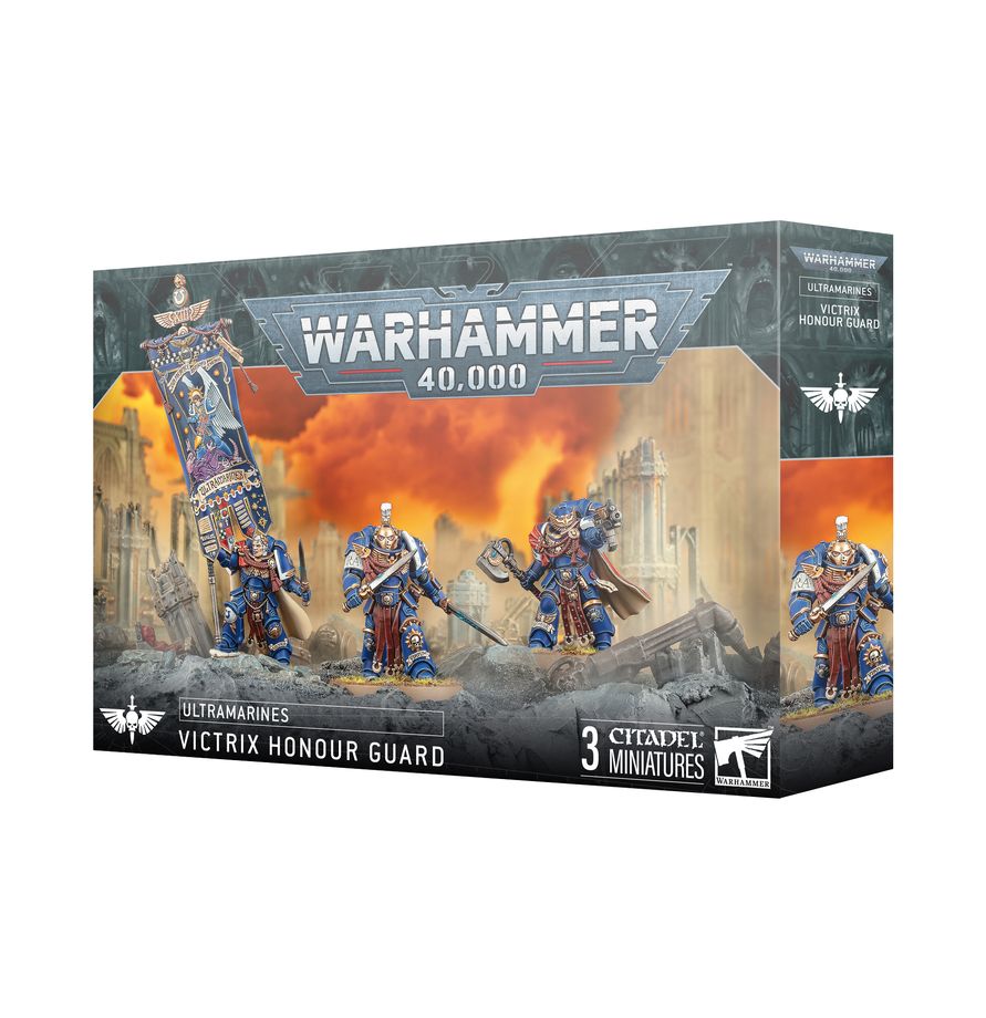 Ultramarines Victrix Honour Guard miniatures at Game Roost featuring elite blue-armored Space Marines with ornate shields, ceremonial weapons, and detailed Warhammer 40K styling.