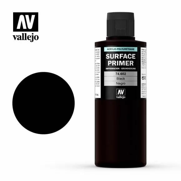 Vallejo Surface Primer – Black 200ml bottle for models and miniatures, in stock at Game Roost NZ.