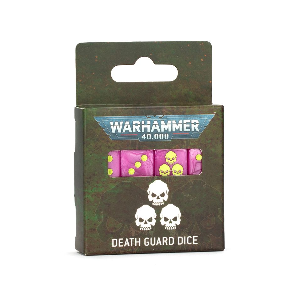Warhammer 40,000: Death Guard Dice Set – a special set of dice featuring the iconic Death Guard design, available at Game Roost, Auckland."