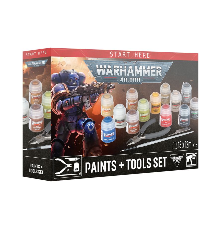 Warhammer 40,000 Paints + Tools Set – starter hobby kit with Citadel paints, brush, and essential modeling tools. Available at Game Roost NZ.