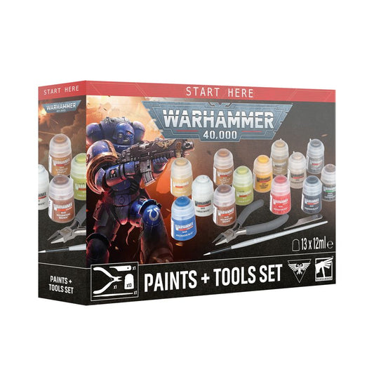 Warhammer 40,000 Paints + Tools Set – starter hobby kit with Citadel paints, brush, and essential modeling tools. Available at Game Roost NZ.
