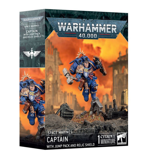 Warhammer 40,000 Space Marines Captain with Jump Pack and Relic Shield (48-102) – Elite Primaris character miniature for tabletop battles, available at Game Roost NZ.