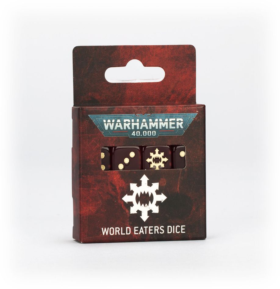 Warhammer 40,000: World Eaters Dice Set featuring blood-red dice with Khorne symbols – available at Game Roost, Auckland’s Warhammer specialist."