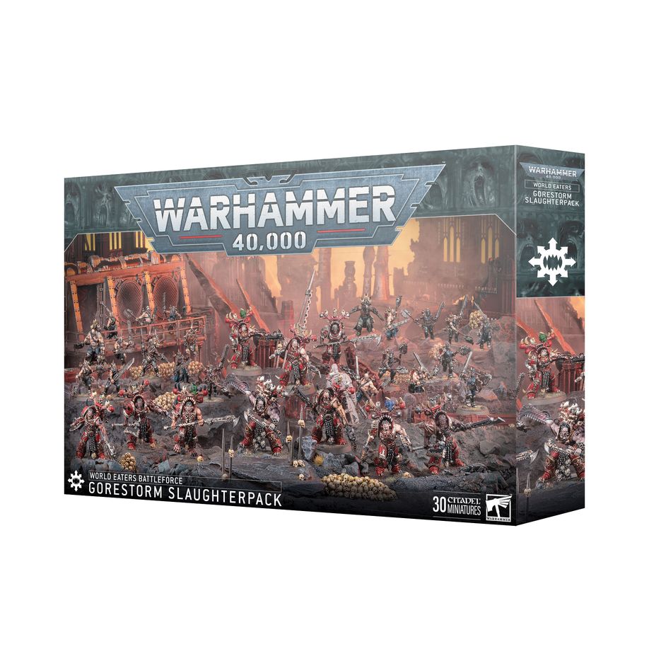 World Eaters: Gorestorm Slaughterpack boxed set for Warhammer 40,000, featuring Khorne Berzerkers, Exalted Eightbound, and a Lord Invocatus on Juggernaut.