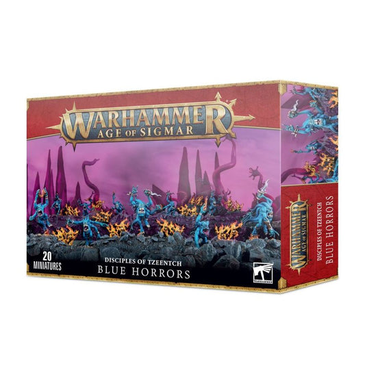 Warhammer Age of Sigmar game box with blue horrors miniatures on a white background